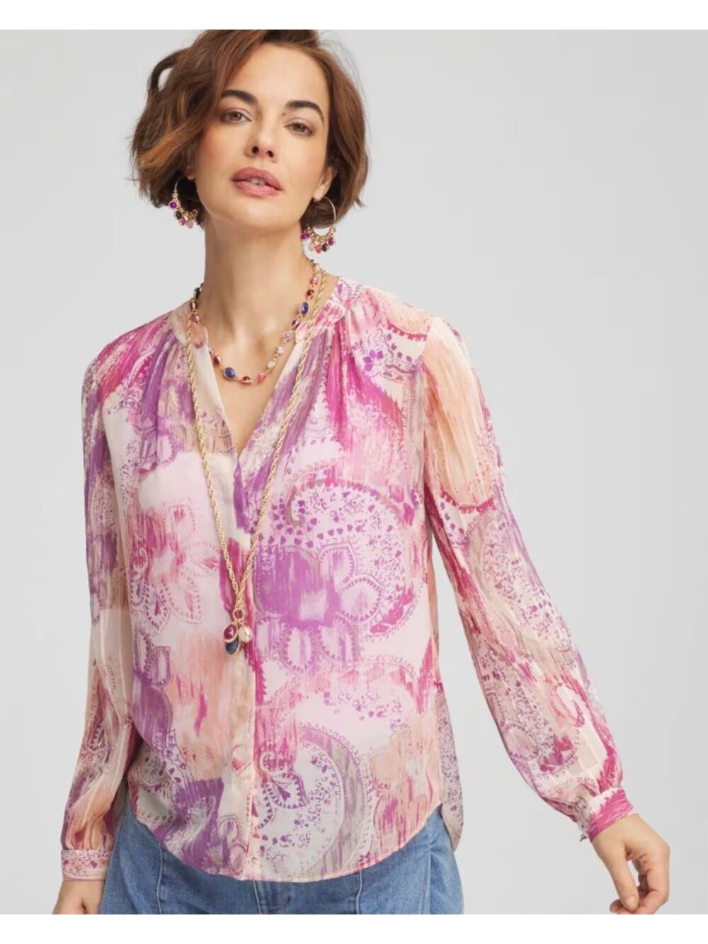 CHICO'S Georgette Pintuck Sheer Button Front Blouse Size 3/ US 16